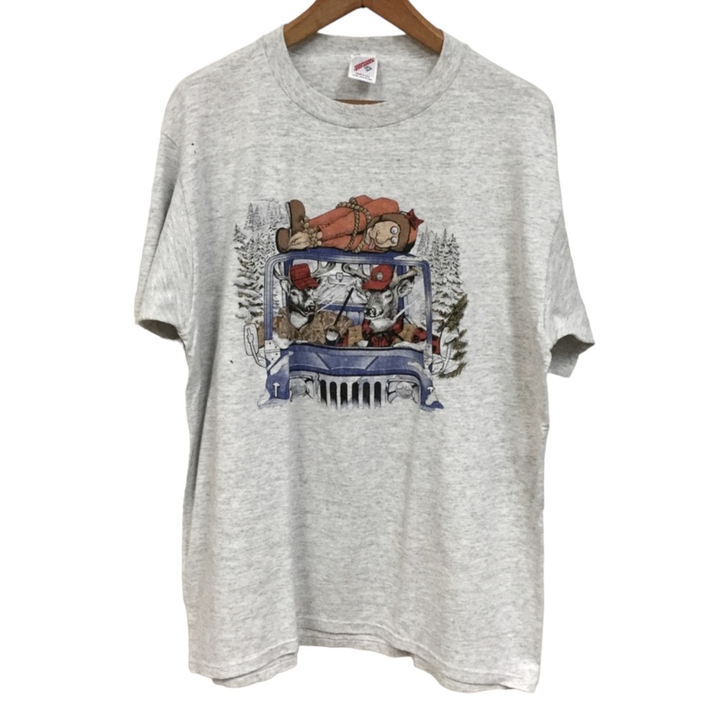 vtg JERZEES sz XX Large T-Shirt Silly Reindeer Hunting Deer Single Stitch Gray